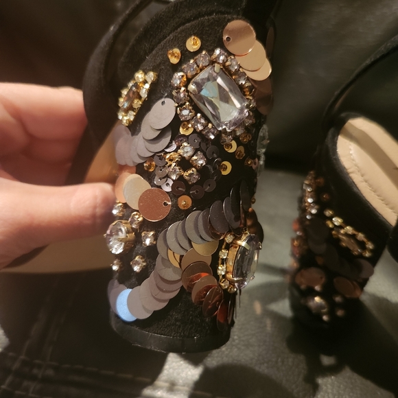 Aldo Luciaa Black Suede Open Toe Crystal Stone Block Heel NEW - Picture 5 of 9